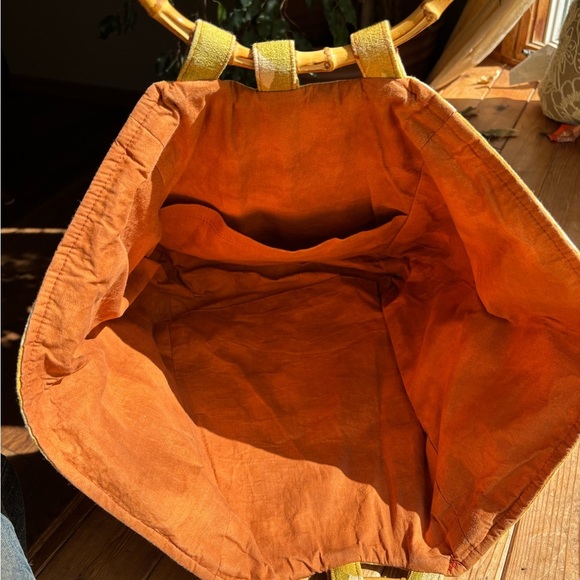 Floral Yellow Tote Bag with Bamboo Handles - Picture 6 of 7